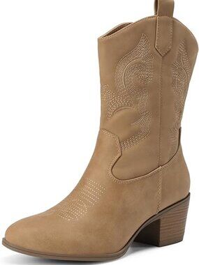 Women's Tan Faux Leather Cowgirl Boots With Round Toe Chunky Low Heel Shoes